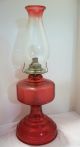 Antique Red Hurricane Oil Lamp Two - Tone Beaded Globe/chimney Eagle Burner Parts Lamps photo 4
