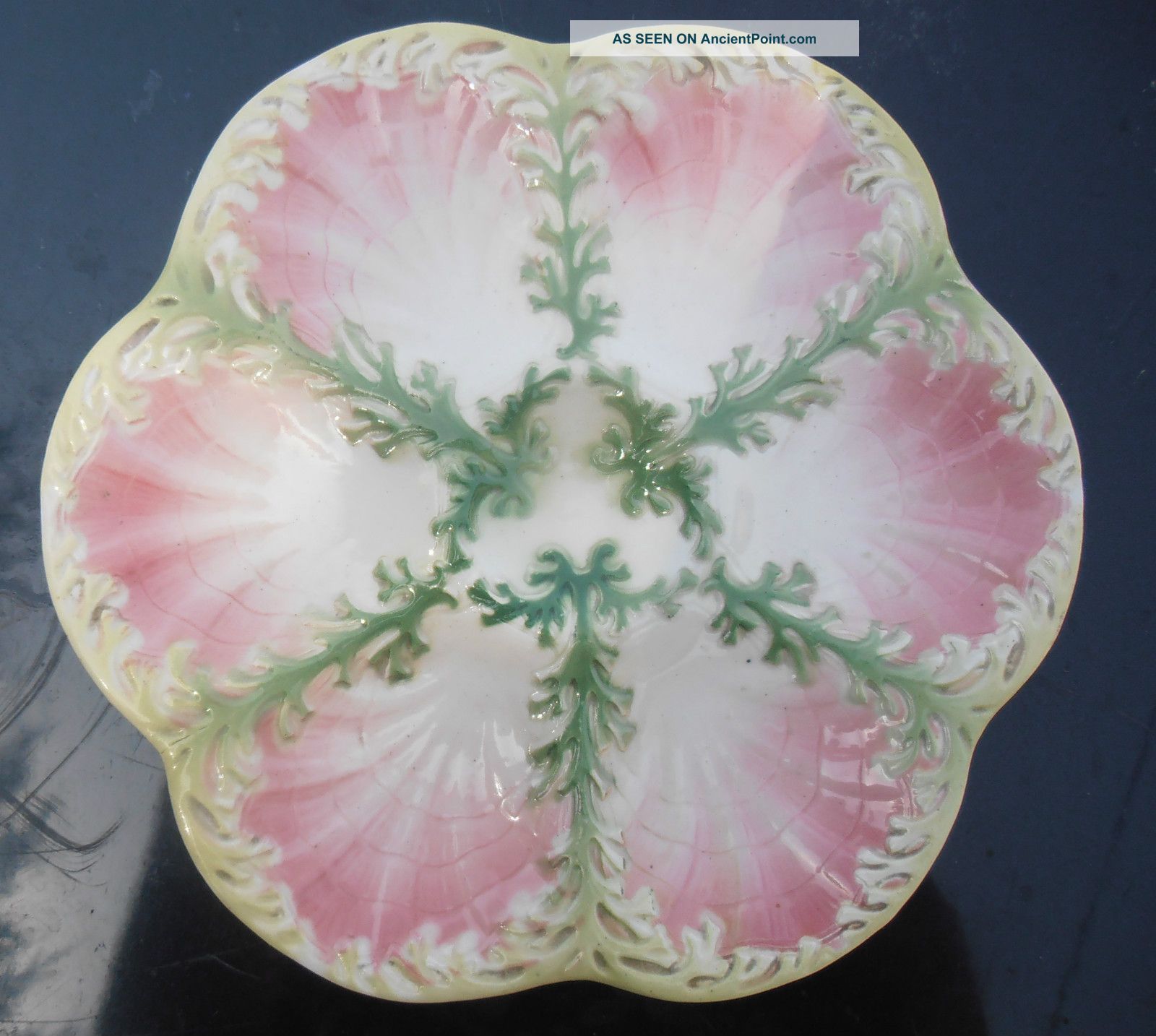 Antique French Majolica Luneville Oyster Plate Pink Green White Plates & Chargers photo