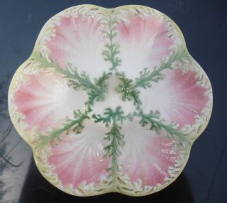 Antique French Majolica Luneville Oyster Plate Pink Green White photo