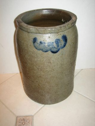 Antique Stoneware Salt Glaze Crock - Cobalt Decorated - 9 1/2 
