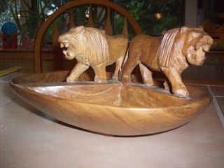Vintage 3 Part Hand Carved Lion Wooden Bowl Wooden Nut Bowl photo