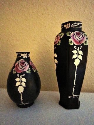 1912 Shelley Lovely Art Nouveau Black With Handpainted Roses Porcelain Vases photo