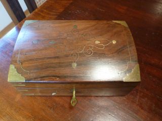 Antique German Wood Casket,  Jewel Box,  Brass Intarsia,  Handmade,  About 1800,  Rare photo
