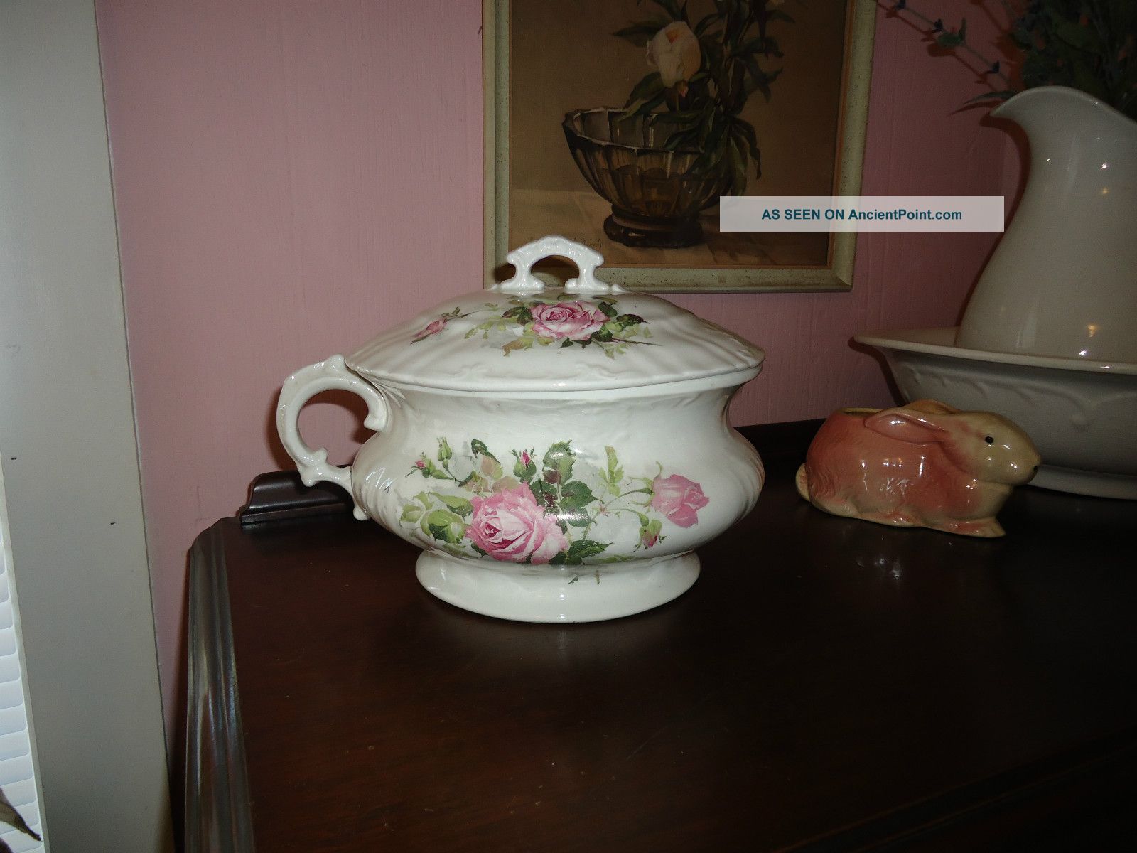 Pink Cabbage Roses Antique Chamber Pot Crown Mark Chamber Pots photo