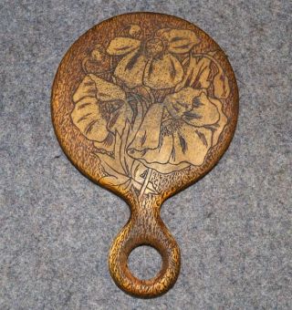 Antique Carved Wood Wooden Flemish Art Hand Mirror Poppies photo