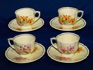 Royal Doulton Orchid Flowers Demitasse Cups Saucers Set Vintage China Coffee Tea photo