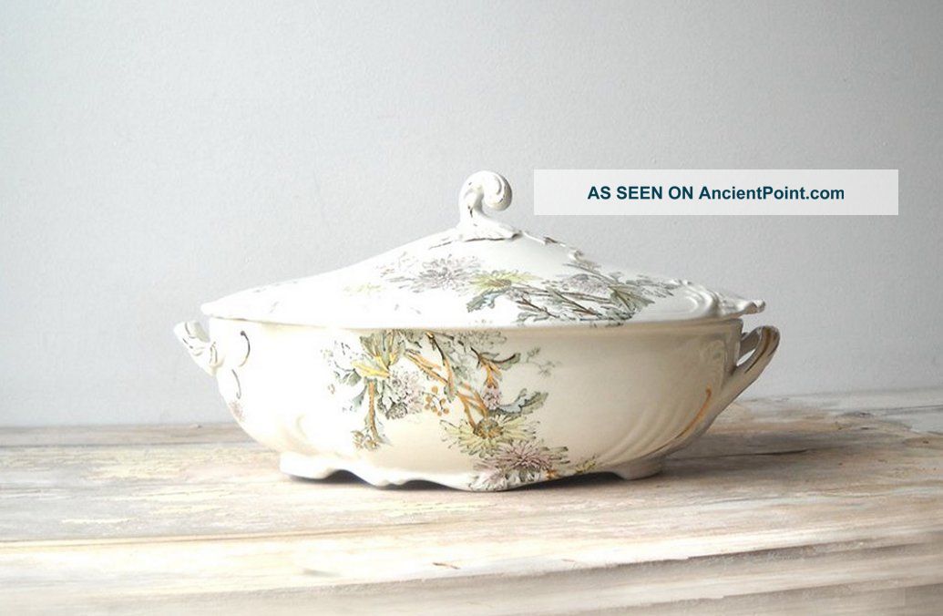 Antique John Edwards Porcelain Covered Vegetable Bowl Chrysanthemum Bowls photo