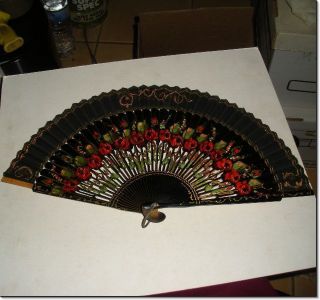 Antique Spanish Painted Wood Roses And Black Silk Fan photo