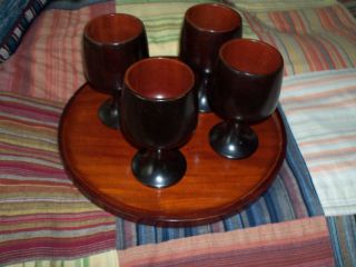 Vintage - Goblets & Serving Tray - Carved Wooden Set - photo