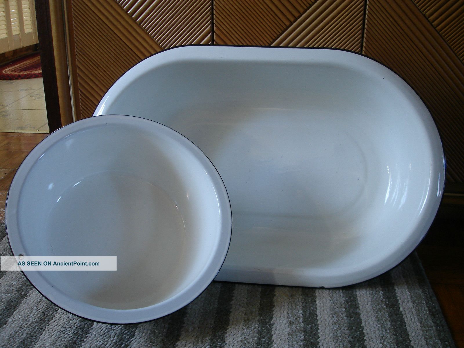 Antique Lisk Flintstone Porcelain Enameled Baby Bath Tub & Large Wash Basin Bowls photo