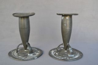 Tudric Pewter Pair Of Candle Holders Archibald Knox Liberty & Co England C.  1905 photo