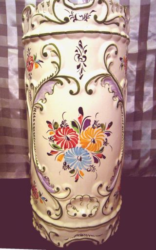 Antique Porcelain Floor Vase/umbrella Stand Nm Handpainted Reliefs Flowers Lrg photo