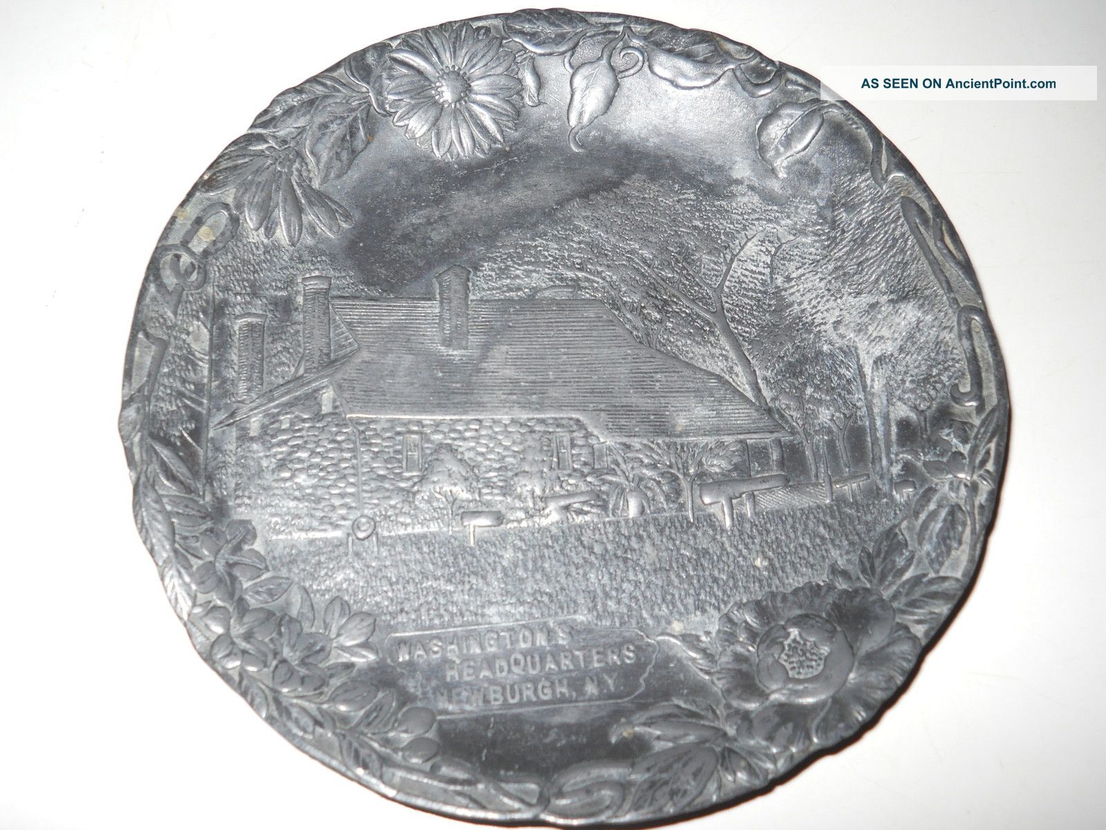 Antique Small Lead Dish Embossed W/washingtons Headquarters Newburgh Ny Metalware photo