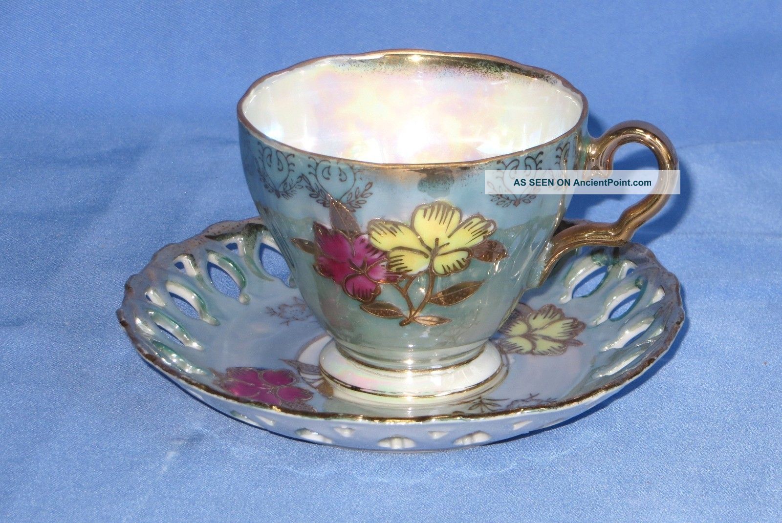 Royal Sealey China Irridescent Green W/gold Floral Cup & Lattice Saucer,  Japan Cups & Saucers photo