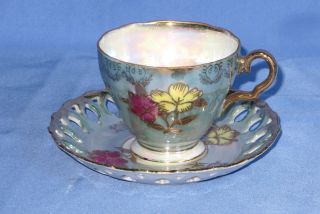 Royal Sealey China Irridescent Green W/gold Floral Cup & Lattice Saucer,  Japan photo