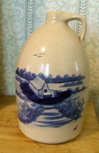 Handpainted Large Stoneware Jug With Blue Barn Scene From P.  R.  Storie Pottery photo