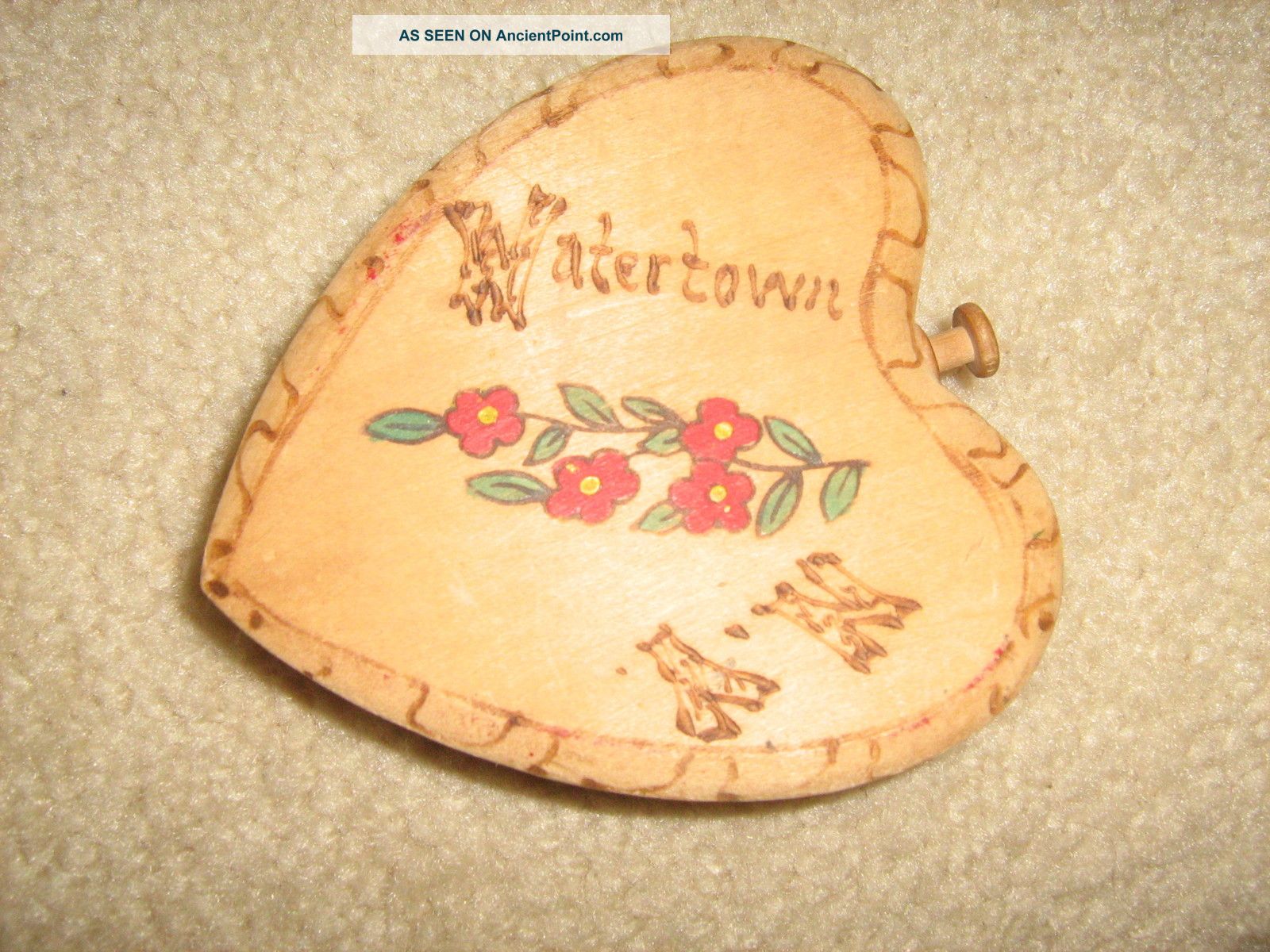 Tramp Art,  Heart Shaped Carved Box,  W/hand Painted Flowers,  Watertown,  Ny Boxes photo