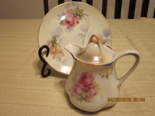 Vintage Antique German Marked Hand Painted Porcelain Pitcher And Saucer photo