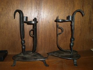 Set Hand Forged Wrought Iron Adjustable Candle Holders photo
