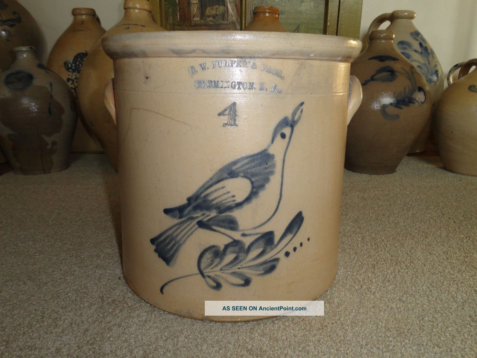 Antique Stoneware Blue Decorated Bird Crock Fulper Flemington Nj. Crocks photo