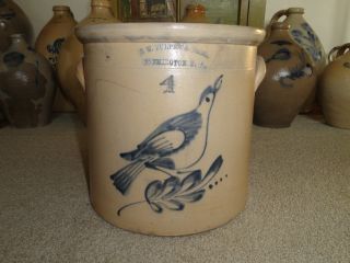 Antique Stoneware Blue Decorated Bird Crock Fulper Flemington Nj. photo