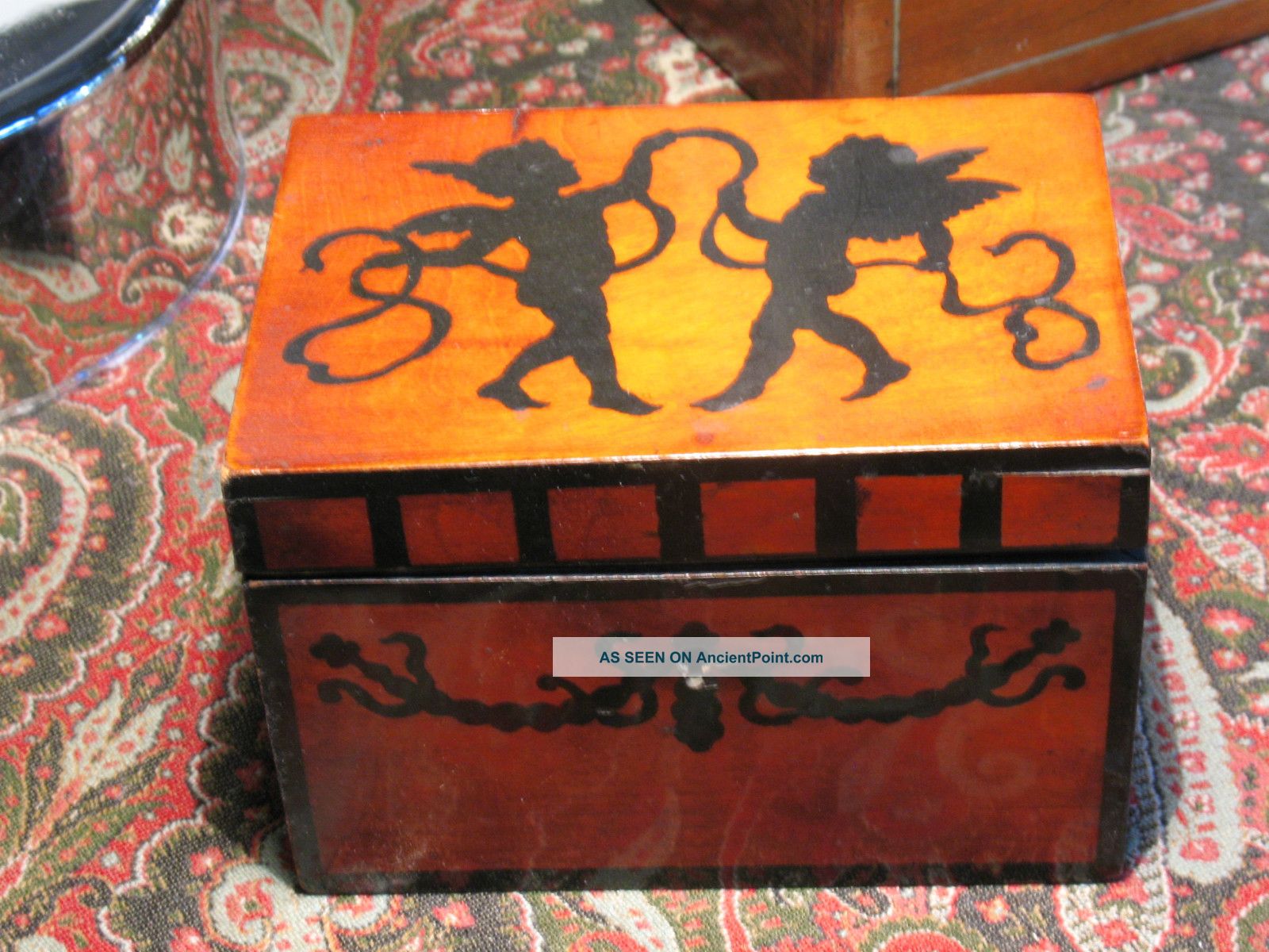 Wood Casket Box With Painted Angel/putti Motif Boxes photo