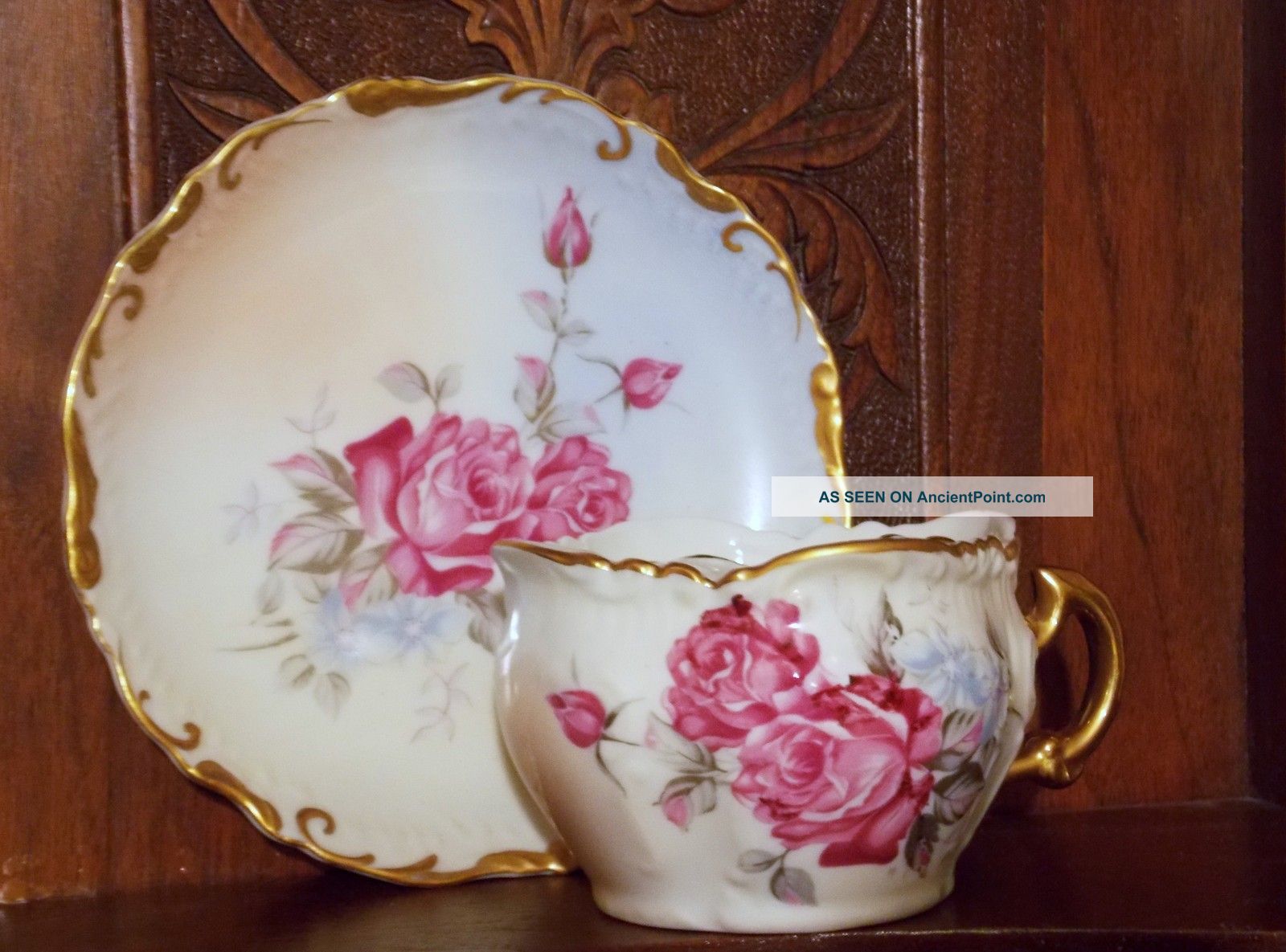 Andrea By Sadek Mustache Cup & Saucer Flower Motif On White W/ Roses & Gold Cups & Saucers photo
