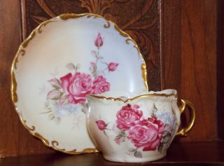 Andrea By Sadek Mustache Cup & Saucer Flower Motif On White W/ Roses & Gold photo