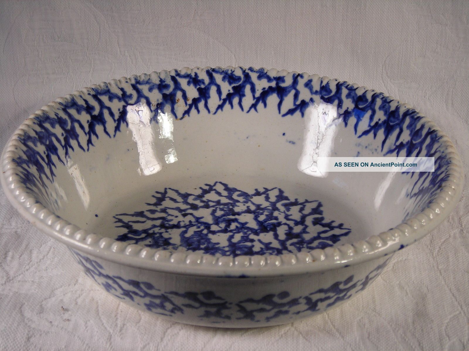Antique 1840 ' S Staffordshire Blue & White Spongeware Bowl W/ Beaded Rim Bowls photo