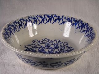 Antique 1840 ' S Staffordshire Blue & White Spongeware Bowl W/ Beaded Rim photo