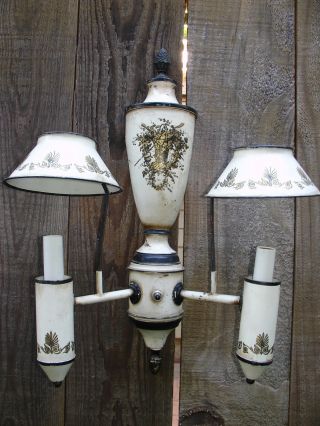 Vintage Italian Tole Sconce Wall Lamp Hand Painted Gilt Cream Black Signed photo