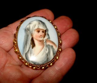 Vintage Vailed Lady Miniture Porcelain Portrait Pin C.  1890 ' S photo