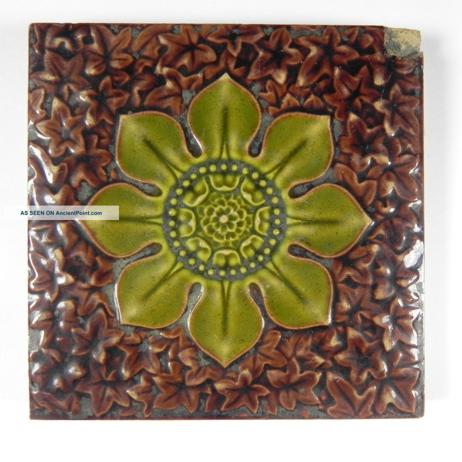 One Antique Minton Hollins English Glazed Art Tile Ceramic Mid 1800 ' S Flower Tiles photo