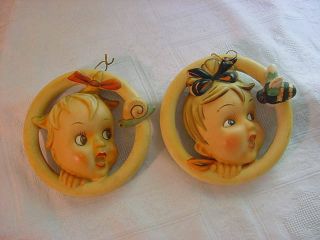 Rare Pair Vintage Baby Ba Bee Rings Snail + Bee Wall Plaques C 1950 Napco ? Fab photo