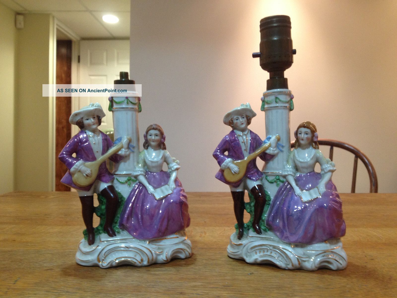 Pair Of German Porcelain Lamps Germany 13326 Minstrel & Lady In Purple Bavaria? Lamps photo