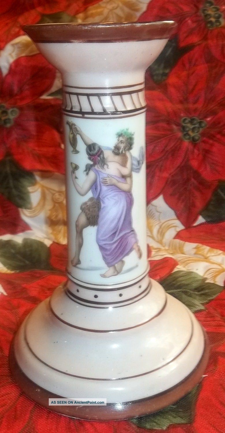 Antique Classical Greek Themed Late Victorian Porcelain Candlestick Candle Holders photo