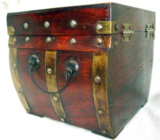 Wooden Box W/ Cool Antiqued Brass Hardware And Flower Design Carved On Top photo
