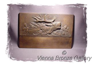 German Bronze Plaque: Belling Stag And Hunting Symbols Signed H.  Thierer photo