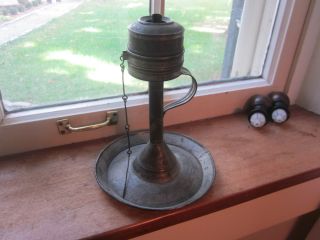 Late 1700s Tin Grease Lamp Lampstand With Tidy And Wick Pick photo