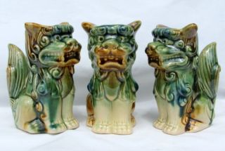 3 X Vintage Majolica Foo Dog Feng Shui Figurines/vases photo
