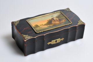 Antique C.  1850 Faux T - Shell Wood Box W Miniature Landscape Painting & Mirror photo