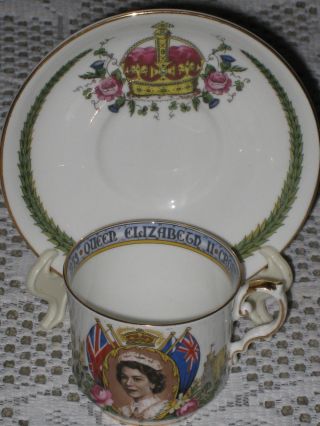 Historical Aynsley Cup & Saucer Queen Elizabeth Crowned 1953 / Inscribed Cup photo