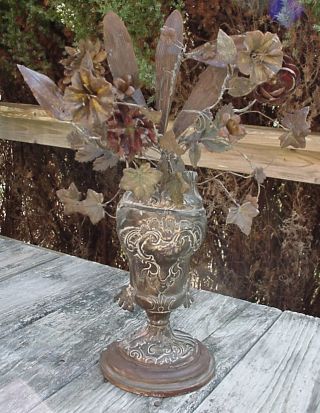Antique Early American Decorative Vase Brass And Tole Flowers photo