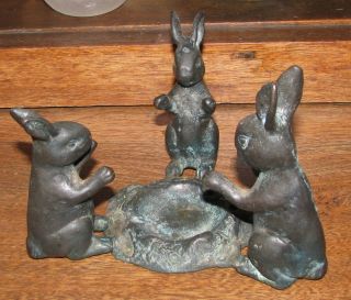 Antique Bronze Figural 3 Rabbits Trinket Dish / Jewelry Holder / Card Receiver photo