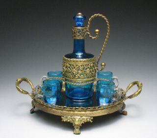 French Glass Liquor Set Ormolu Mounted Decanter And Glasses With Mirrored Tray photo