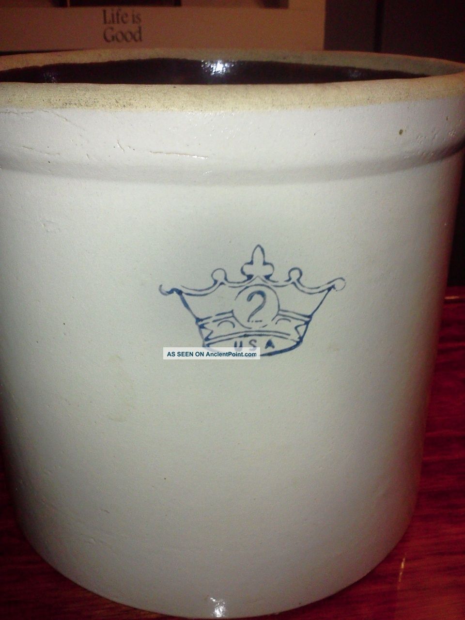 Antique 2 Gallon Pottery Crock - Crown - Good Condition - Brown Glaze Crocks photo