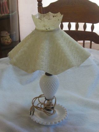 Rare Hobnail Milk Glass Lamp W/vinyl& Cloth Shade - Works Great photo
