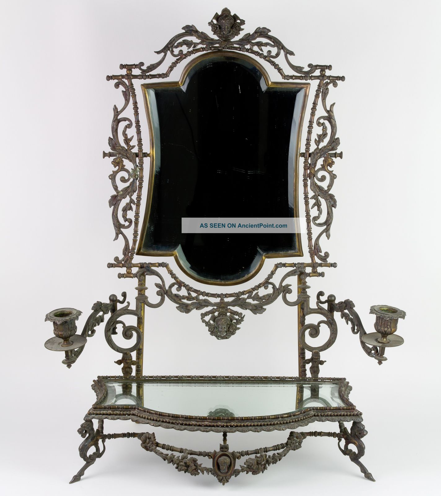 Museum Quality French Antique Bronze Mirror Candle Vanity Stand Figural Rare Mirrors photo