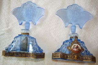 Vintage Irice Etched Rare Blue Glass Perfume Bottle W/ Brass & Ceramic Medallion photo