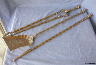 Antique Heavy Solid Brass Fire Tools,  Shovel,  Tongs,  Poket photo